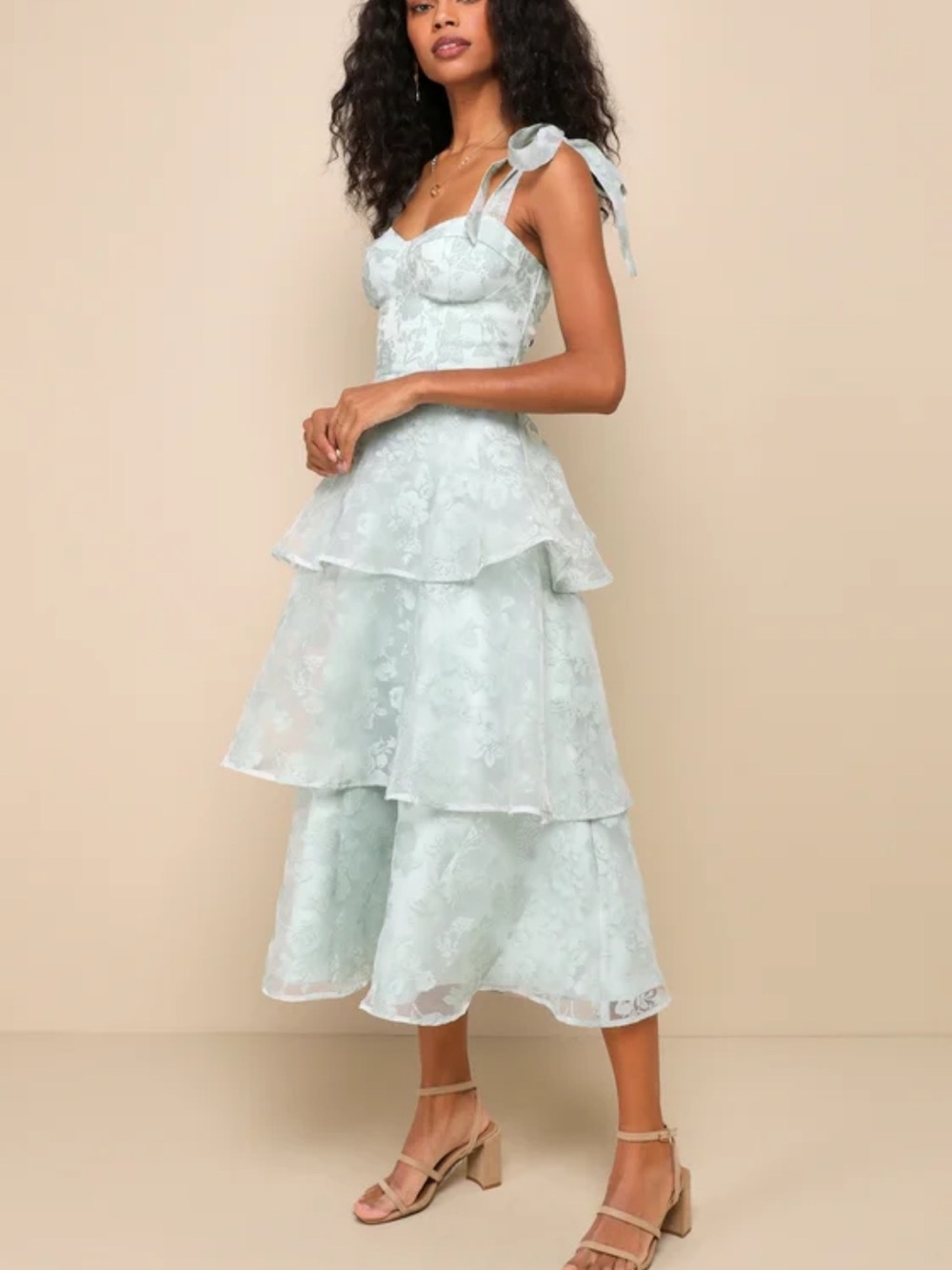 Tie-Shoulder Tiered Lace Midi Dress - Sage Green
